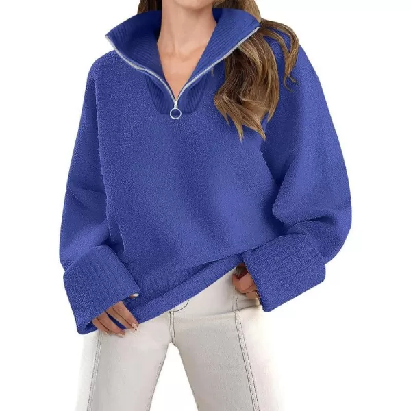 imageZESICA Womens 2023 Winter Long Sleeve 14 Zipper V Neck Loose Fuzzy Knitted Chunky Warm Pullover Sweater Jumper TopsCobaltblue