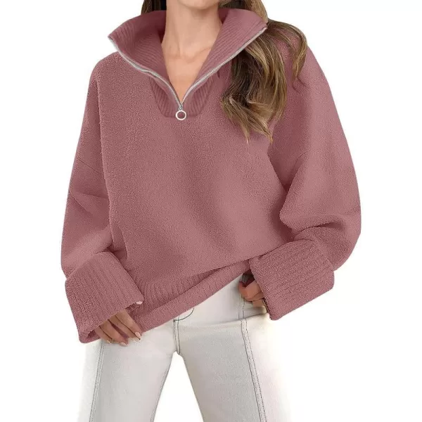 imageZESICA Womens 2023 Winter Long Sleeve 14 Zipper V Neck Loose Fuzzy Knitted Chunky Warm Pullover Sweater Jumper TopsFuchsia