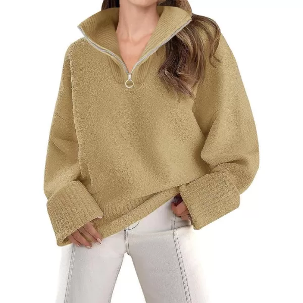 imageZESICA Womens 2023 Winter Long Sleeve 14 Zipper V Neck Loose Fuzzy Knitted Chunky Warm Pullover Sweater Jumper TopsKhaki