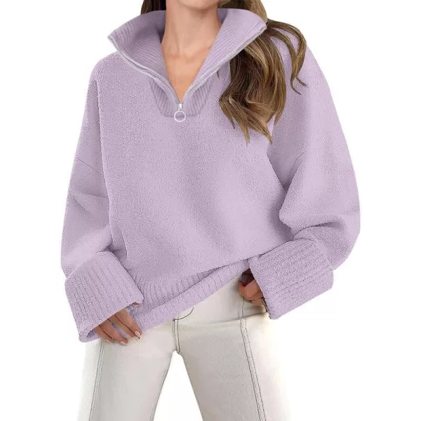 imageZESICA Womens 2023 Winter Long Sleeve 14 Zipper V Neck Loose Fuzzy Knitted Chunky Warm Pullover Sweater Jumper TopsLavender