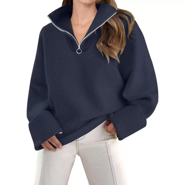 imageZESICA Womens 2023 Winter Long Sleeve 14 Zipper V Neck Loose Fuzzy Knitted Chunky Warm Pullover Sweater Jumper TopsNavy