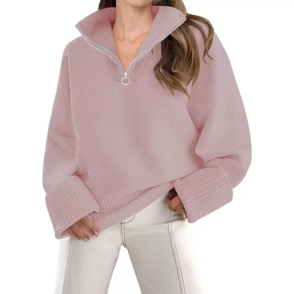 imageZESICA Womens 2023 Winter Long Sleeve 14 Zipper V Neck Loose Fuzzy Knitted Chunky Warm Pullover Sweater Jumper TopsPink