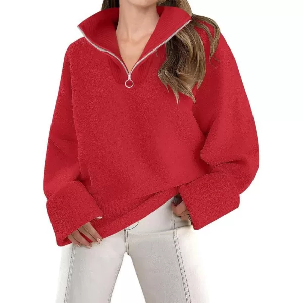 imageZESICA Womens 2023 Winter Long Sleeve 14 Zipper V Neck Loose Fuzzy Knitted Chunky Warm Pullover Sweater Jumper TopsRed