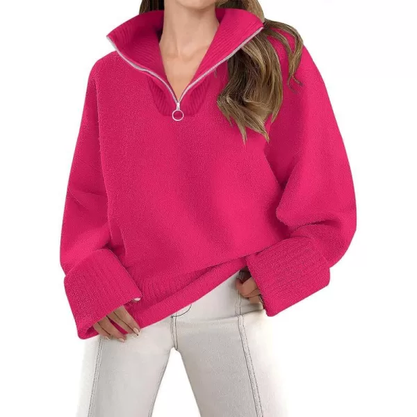imageZESICA Womens 2023 Winter Long Sleeve 14 Zipper V Neck Loose Fuzzy Knitted Chunky Warm Pullover Sweater Jumper TopsRose