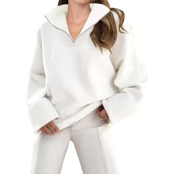 imageZESICA Womens 2023 Winter Long Sleeve 14 Zipper V Neck Loose Fuzzy Knitted Chunky Warm Pullover Sweater Jumper TopsWhite