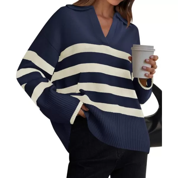 imageZESICA Womens 2023 Winter Striped Sweaters Lapel V Neck Long Sleeve Chunky Knit Oversized Pullover Sweater Jumper TopsNavy