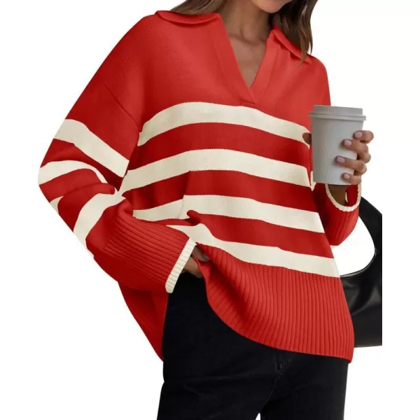 imageZESICA Womens 2023 Winter Striped Sweaters Lapel V Neck Long Sleeve Chunky Knit Oversized Pullover Sweater Jumper TopsRed