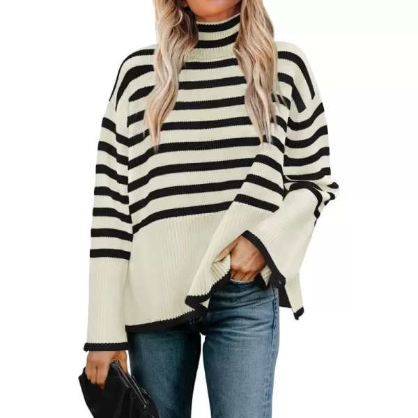 imageZESICA Womens 2023 Winter Sweaters Casual Turtleneck Long Sleeve Striped Side Slit Loose Pullover Sweater Jumper TopsApricot