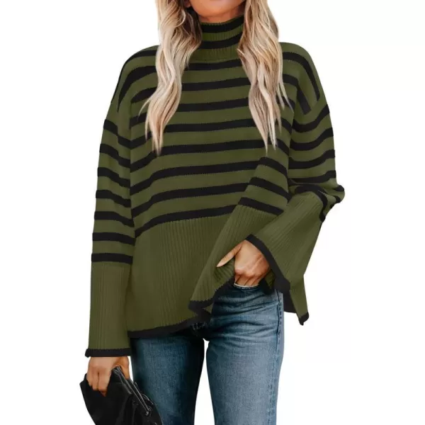 imageZESICA Womens 2023 Winter Sweaters Casual Turtleneck Long Sleeve Striped Side Slit Loose Pullover Sweater Jumper TopsArmygreen