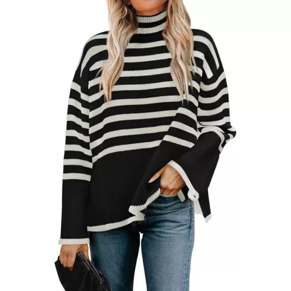 imageZESICA Womens 2023 Winter Sweaters Casual Turtleneck Long Sleeve Striped Side Slit Loose Pullover Sweater Jumper TopsBlack