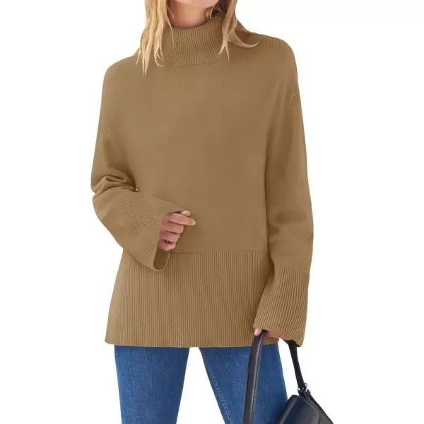 imageZESICA Womens 2023 Winter Sweaters Casual Turtleneck Long Sleeve Striped Side Slit Loose Pullover Sweater Jumper TopsCamel