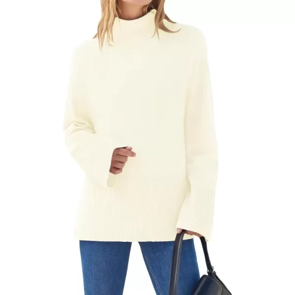 imageZESICA Womens 2023 Winter Sweaters Casual Turtleneck Long Sleeve Striped Side Slit Loose Pullover Sweater Jumper TopsCream