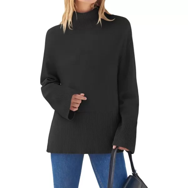 imageZESICA Womens 2023 Winter Sweaters Casual Turtleneck Long Sleeve Striped Side Slit Loose Pullover Sweater Jumper TopsDim