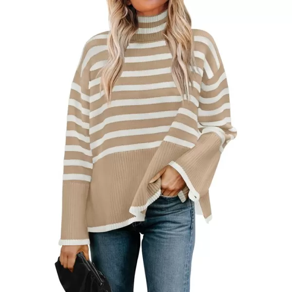 imageZESICA Womens 2023 Winter Sweaters Casual Turtleneck Long Sleeve Striped Side Slit Loose Pullover Sweater Jumper TopsKhaki