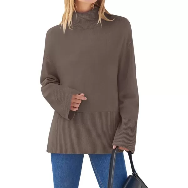 imageZESICA Womens 2023 Winter Sweaters Casual Turtleneck Long Sleeve Striped Side Slit Loose Pullover Sweater Jumper TopsNutmeg