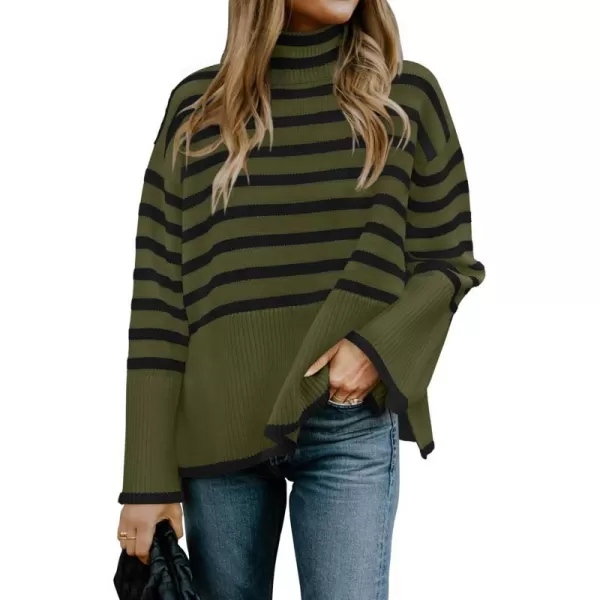 imageZESICA Womens 2023 Winter Sweaters Casual Turtleneck Long Sleeve Striped Side Slit Loose Pullover Sweater Jumper TopsOlive