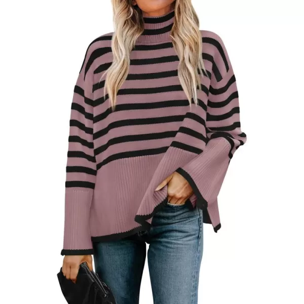 imageZESICA Womens 2023 Winter Sweaters Casual Turtleneck Long Sleeve Striped Side Slit Loose Pullover Sweater Jumper TopsPurple
