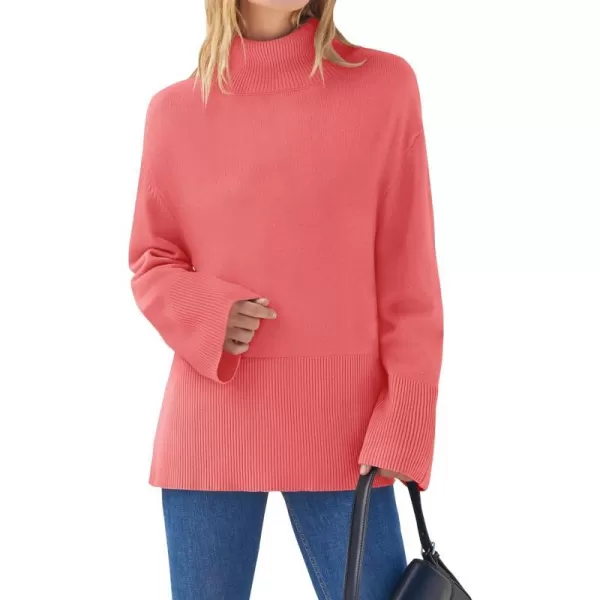 imageZESICA Womens 2023 Winter Sweaters Casual Turtleneck Long Sleeve Striped Side Slit Loose Pullover Sweater Jumper TopsWatermelon