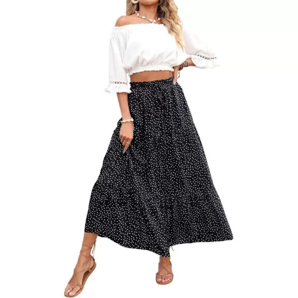 imageZESICA Womens 2024 Bohemian Floral Printed Elastic Waist A Line Maxi Skirt with PocketsBlack