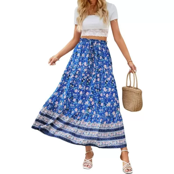 imageZESICA Womens 2024 Bohemian Floral Printed Elastic Waist A Line Maxi Skirt with PocketsBlue