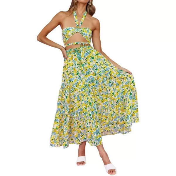 imageZESICA Womens 2024 Bohemian Floral Printed Elastic Waist A Line Maxi Skirt with PocketsChartreuse