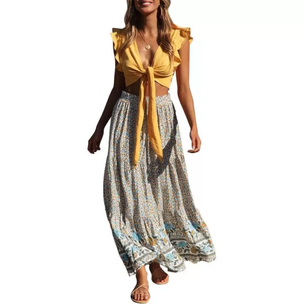 imageZESICA Womens 2024 Bohemian Floral Printed Elastic Waist A Line Maxi Skirt with PocketsCream