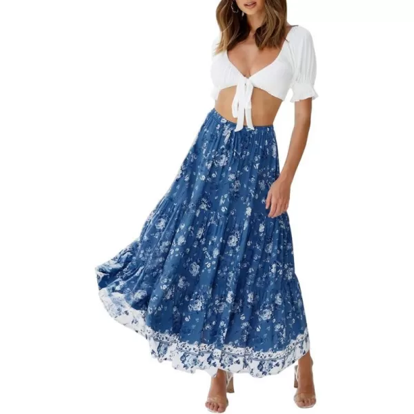 imageZESICA Womens 2024 Bohemian Floral Printed Elastic Waist A Line Maxi Skirt with PocketsDarkblue
