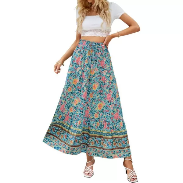 imageZESICA Womens 2024 Bohemian Floral Printed Elastic Waist A Line Maxi Skirt with PocketsFloral Green