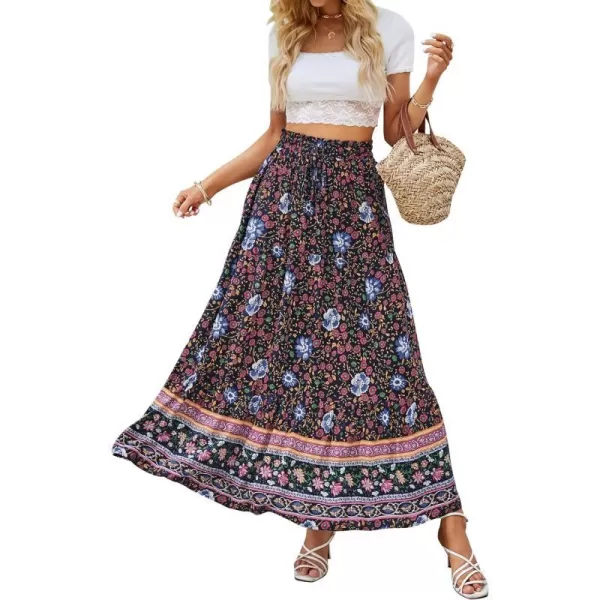 imageZESICA Womens 2024 Bohemian Floral Printed Elastic Waist A Line Maxi Skirt with PocketsFloral Navy