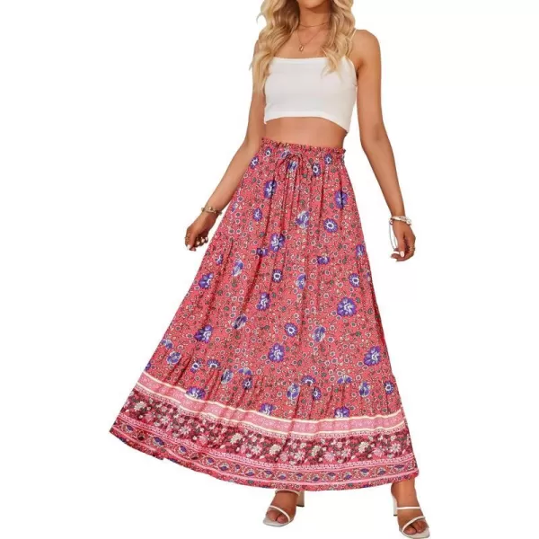 imageZESICA Womens 2024 Bohemian Floral Printed Elastic Waist A Line Maxi Skirt with PocketsFloral Red