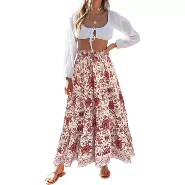 imageZESICA Womens 2024 Bohemian Floral Printed Elastic Waist A Line Maxi Skirt with PocketsFloral White