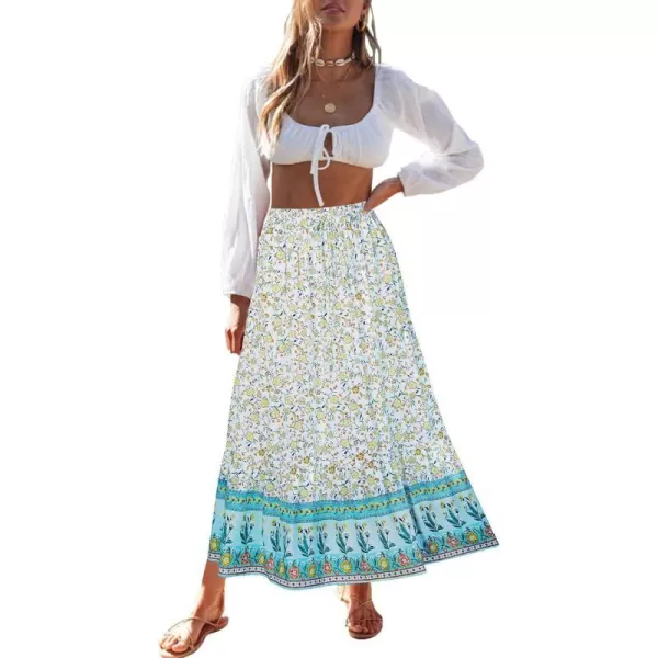 imageZESICA Womens 2024 Bohemian Floral Printed Elastic Waist A Line Maxi Skirt with PocketsLake Blue