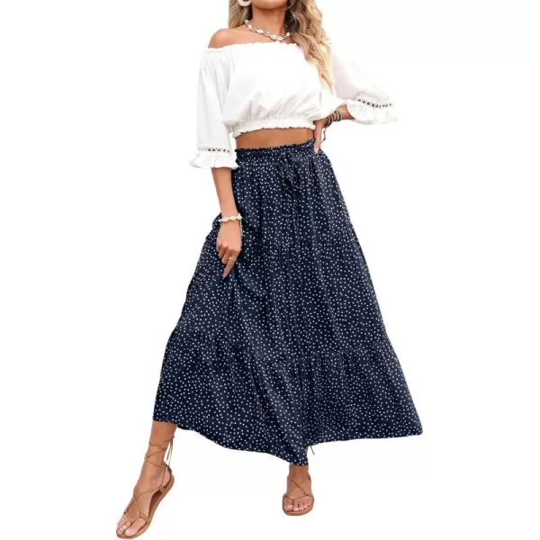 imageZESICA Womens 2024 Bohemian Floral Printed Elastic Waist A Line Maxi Skirt with PocketsNavyblue