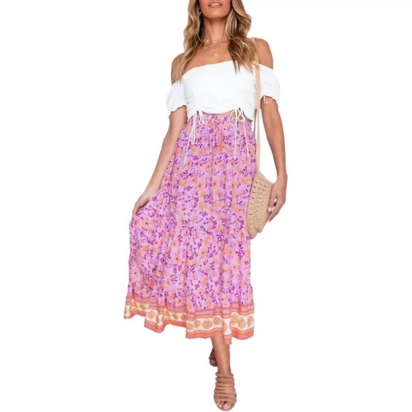 imageZESICA Womens 2024 Bohemian Floral Printed Elastic Waist A Line Maxi Skirt with PocketsPinkpurple