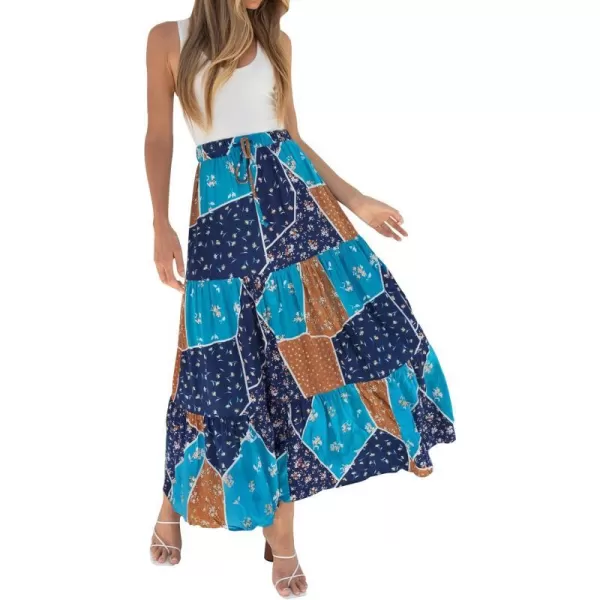 imageZESICA Womens 2024 Bohemian Floral Printed Elastic Waist A Line Maxi Skirt with PocketsSapphire