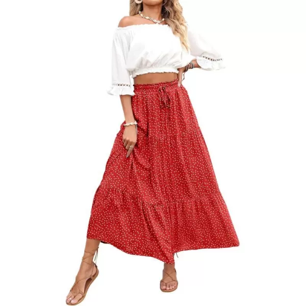 imageZESICA Womens 2024 Bohemian Floral Printed Elastic Waist A Line Maxi Skirt with PocketsTomato