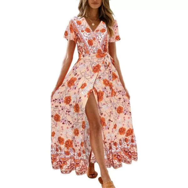 imageZESICA Womens 2024 Bohemian Floral Printed Wrap V Neck Short Sleeve Split Beach Party Maxi DressPeach