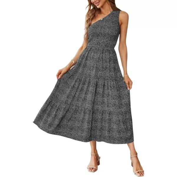 imageZESICA Womens 2024 Bohemian Summer Floral Print One Shoulder Sleeveless Smocked Ruffle Tiered Beach Long Midi DressCharcoal