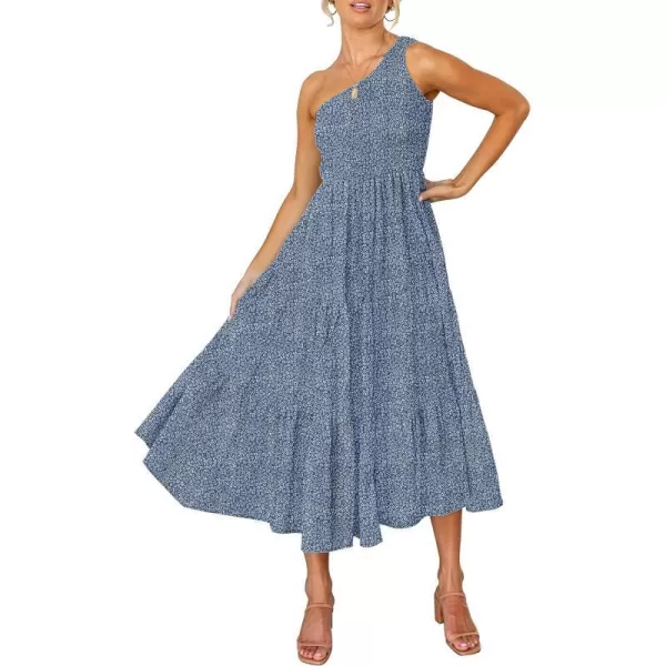 imageZESICA Womens 2024 Bohemian Summer Floral Print One Shoulder Sleeveless Smocked Ruffle Tiered Beach Long Midi DressDustyblue
