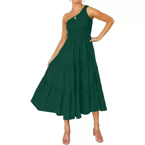 imageZESICA Womens 2024 Bohemian Summer Floral Print One Shoulder Sleeveless Smocked Ruffle Tiered Beach Long Midi DressSoliddarkgreen