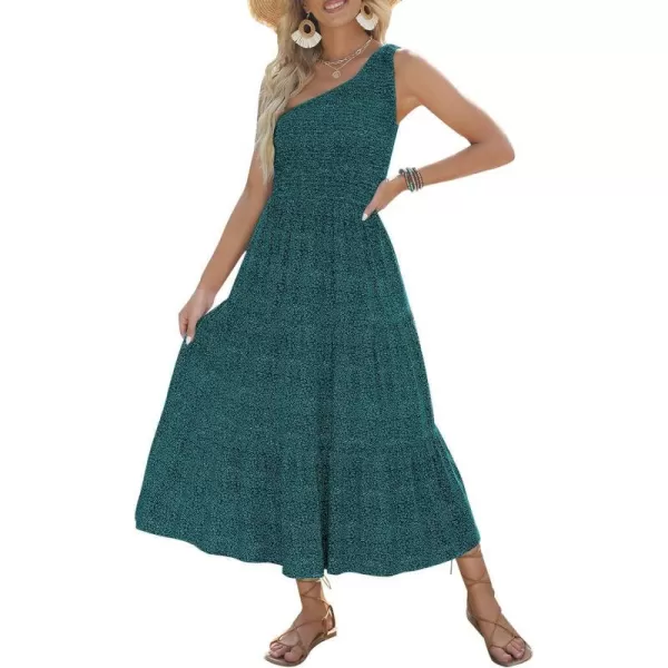imageZESICA Womens 2024 Bohemian Summer Floral Print One Shoulder Sleeveless Smocked Ruffle Tiered Beach Long Midi DressTeal