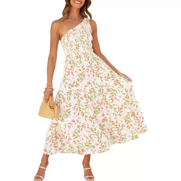 imageZESICA Womens 2024 Bohemian Summer Floral Print One Shoulder Sleeveless Smocked Ruffle Tiered Beach Long Midi DressWhitepink