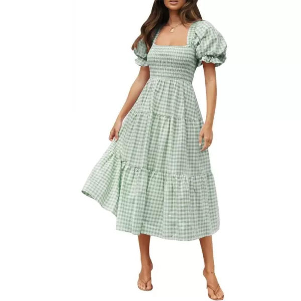 imageZESICA Womens 2024 Bohemian Summer Plaid Square Neck Puff Sleeve Ruffle Flowy Beach Midi DressGreen
