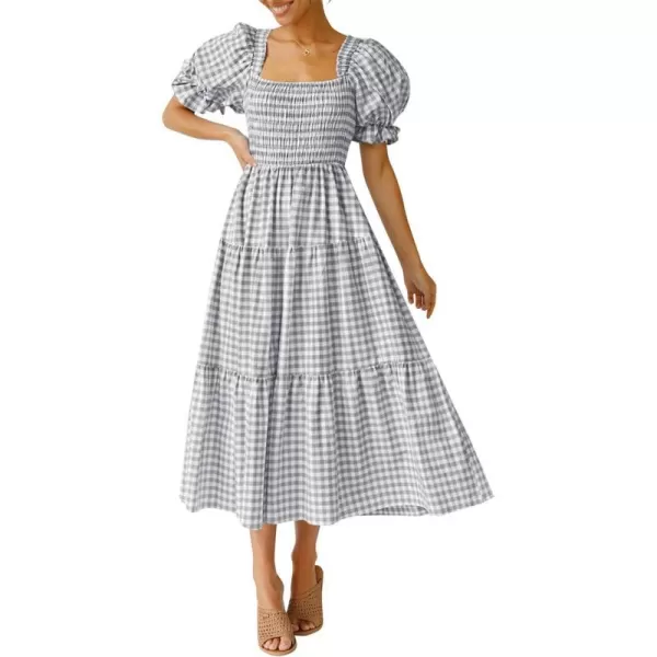 imageZESICA Womens 2024 Bohemian Summer Plaid Square Neck Puff Sleeve Ruffle Flowy Beach Midi DressGrey