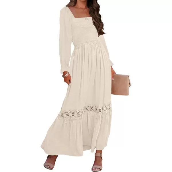 imageZESICA Womens 2024 Boho Long Sleeve Square Neck Smocked High Waist Flowy A Line Lace Trim Maxi DressApricot