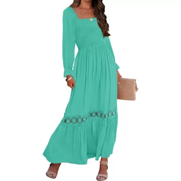 imageZESICA Womens 2024 Boho Long Sleeve Square Neck Smocked High Waist Flowy A Line Lace Trim Maxi DressAqua