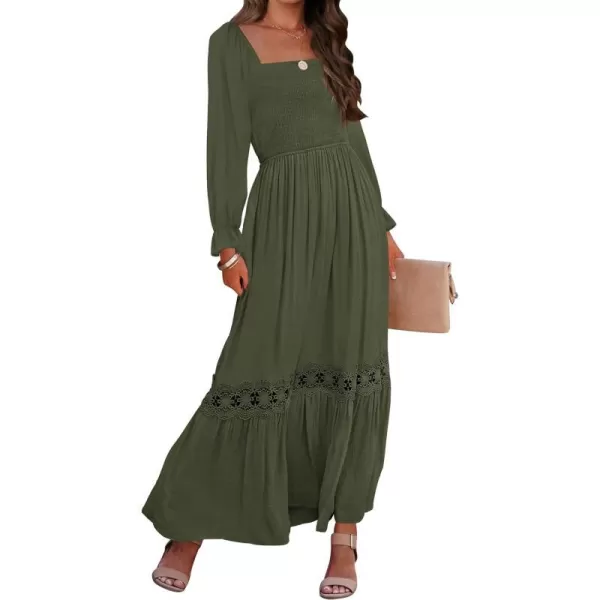 imageZESICA Womens 2024 Boho Long Sleeve Square Neck Smocked High Waist Flowy A Line Lace Trim Maxi DressArmygreen