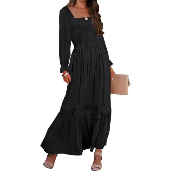 imageZESICA Womens 2024 Boho Long Sleeve Square Neck Smocked High Waist Flowy A Line Lace Trim Maxi DressBlack
