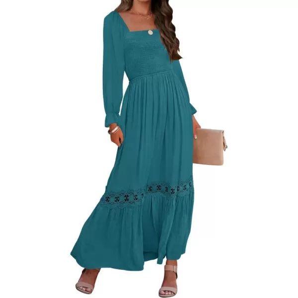 imageZESICA Womens 2024 Boho Long Sleeve Square Neck Smocked High Waist Flowy A Line Lace Trim Maxi DressCrystalblue