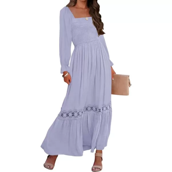 imageZESICA Womens 2024 Boho Long Sleeve Square Neck Smocked High Waist Flowy A Line Lace Trim Maxi DressDustytaro